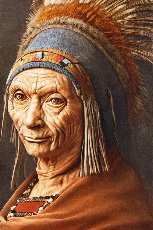 Prompt: hyperrealism close-up portrait of an ugly old man and lama in War bonnet in style of da Vinci