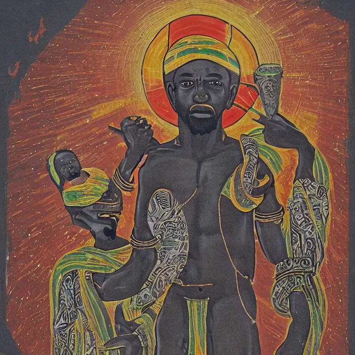 Image similar to UFO hovering over an African Jesus , in the style of Nigerian truck art (Eagle & Snake, Kano),