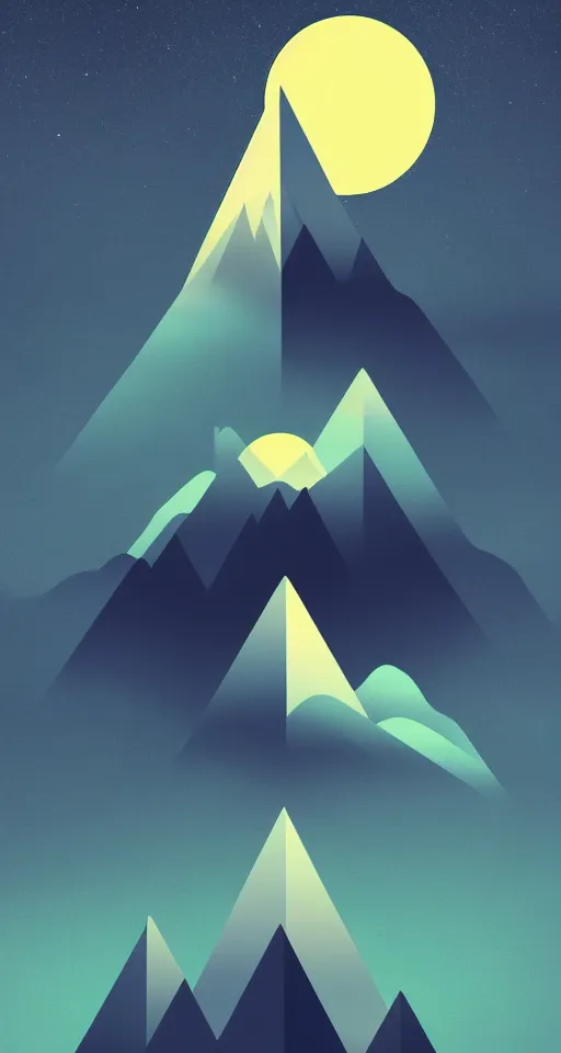 Image similar to geometric design minimalist isometric mountain with full moon behind the top, trending on artstation, cute beautiful digital art, rule of thirds, iphone wallpaper, monument valley,