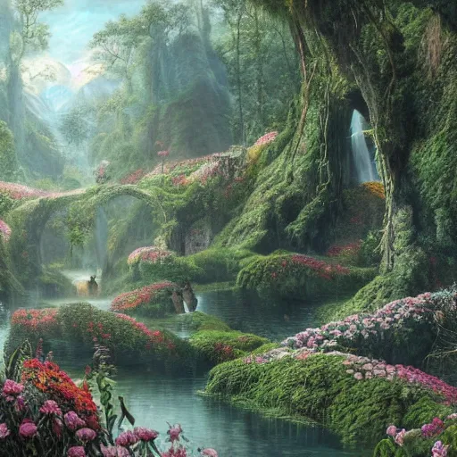 Image similar to a beautiful and highly detailed matte painting of a fantasy floral garden in a fantastic forest in the lush valley high in the most epic mountains ever, intricate details, epic scale, insanely complex, 8 k, sharp focus, hyperrealism, very realistic, by caspar friedrich, greg rutowski, james gurney