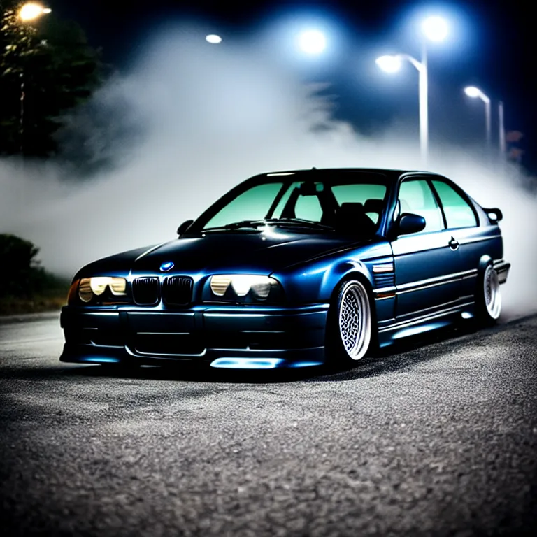 Image similar to close-up-photo Woman Driver standing against her car, BMW E36 turbo illegal meet, work-wheels, Gunma prefecture, misty at night, cinematic color, photorealistic, high detailed deep dish wheels, highly detailed, custom headlights, subtle neon underlighting