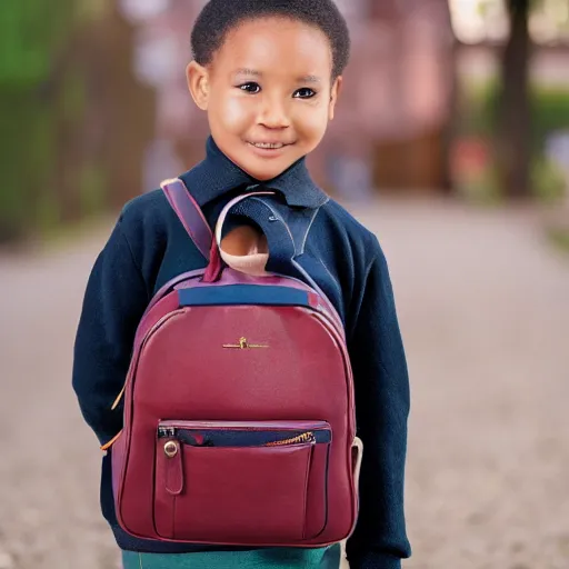 Prompt: realistic portrait 3 5 mm camera shot of a young child with a school bag very detailed, hyperrealistik 4 k
