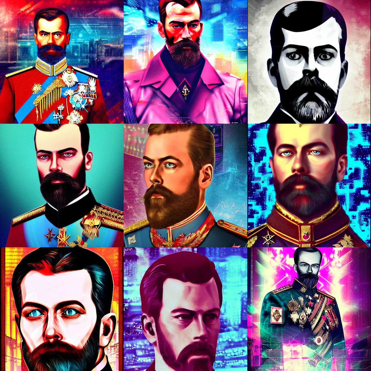 Image similar to Nicholas II of Russia, cyberpunk, synthwave, glitch, digital art, detailed, photo realistic