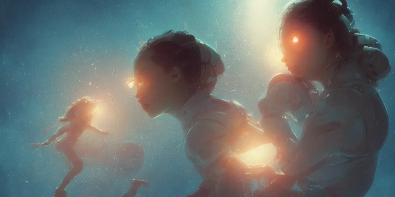 Image similar to dream zoe kravitz astronaut, underwater in the ocean at night, atmospheric, volumetric lighting, glowing lights, 4k, octane, digital painting, artstation, concept art, sharp focus, illustration, art by artgerm and greg rutkowski and alphonse mucha