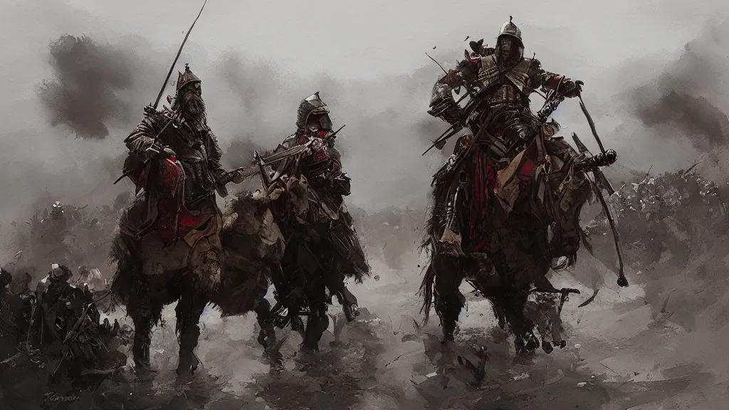 Prompt: reply of the zaporozhian cossacks, papyrus, dark colors, watercolored, jakub rozalski, dieselpunk, artstation