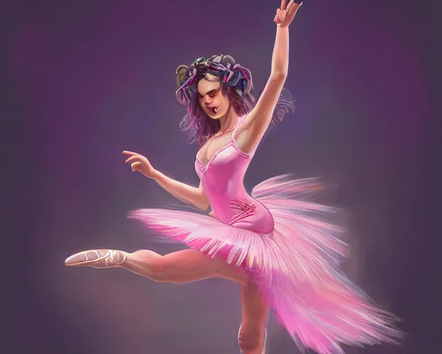 Image similar to photography of jack black dancing in a pink ballerina outfit, full body shot, deep focus, d & d and mtg, fantasy, intricate, elegant, highly detailed, digital painting, artstation, concept art, matte, sharp focus, illustration, hearthstone, art by artgerm and greg rutkowski and alphonse mucha