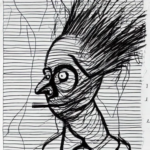 Prompt: scribbled lines written by a madman, surrounding a scribbled standing person whose head is a nuclear explosion, frantic drawing, high-octane, punk