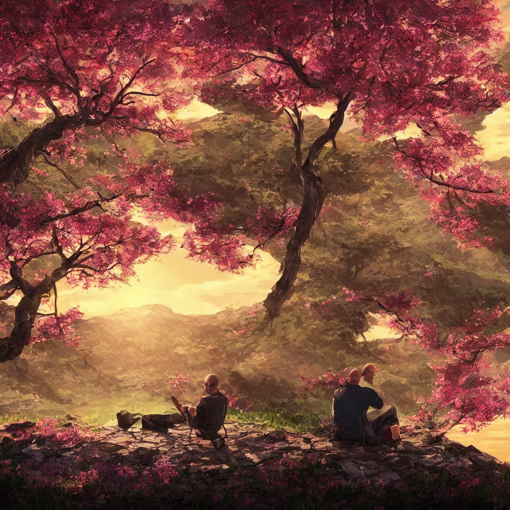 Image similar to featured on artstation photorealistic walter white sitting under a cherry tree overlooking valley waterfall sunset beautiful image stylized digital art