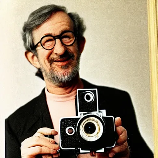 Image similar to surrealism painting of Steven Spielberg holding a super 8 camera