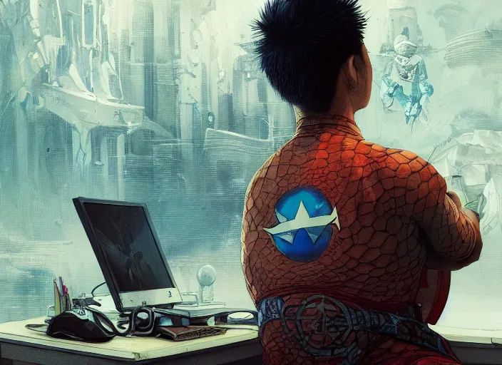 Image similar to an insanely detailed painting of an asian man wearing a homemade superhero costume, sitting at a desk, staring seriously at the computer and typing, in the style of peter mohrbacher, james jean, artgerm, dramatic lighting and composition, surreal background, octane render, pixar, trending on artstation, concept art, comic book, view from behind, 8 k