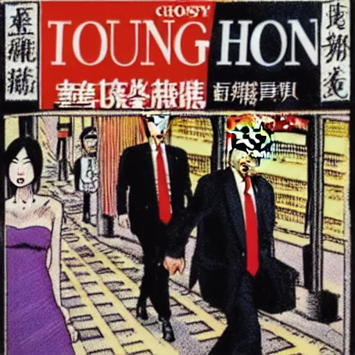 Image similar to glossy old advertising poster, donald trump walking through crowded hong kong street, vendors, drawn comic by junji ito, pastels, gradient