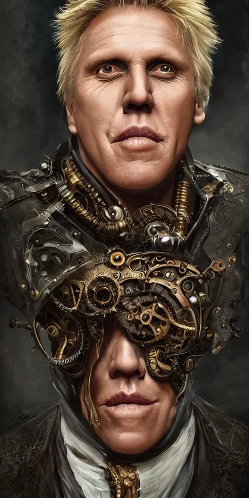 Image similar to portrait of Gary Busey, elegant, intricate, steampunk, full frontal shot, highly detailed, digital painting, artstation, concept art, sharp focus, illustration, art by artgerm and H.R. Giger