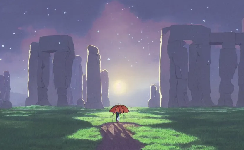 Prompt: a realistic cell - shaded studio ghibli concept art from paprika ( 2 0 0 6 ) of a flying cube from close encounters of the third kind ( 1 9 7 7 ) in a flooded monument valley stonehenge with giant trees on a misty starry night. very dull colors, action shot, hd, 4 k, hq