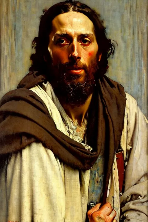 Image similar to norman rockwell and solomon joseph solomon and richard schmid and jeremy lipking victorian loose genre loose painting full length portrait painting of jesus