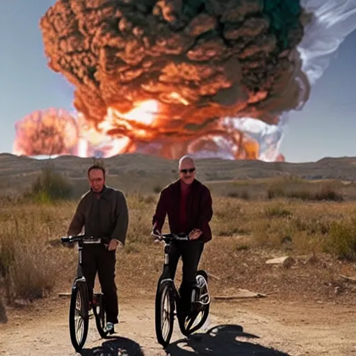 Image similar to photo of walter white and jesse pinkman riding bikes with an exploding building behind them, color, cinematic lighting, highly detailed