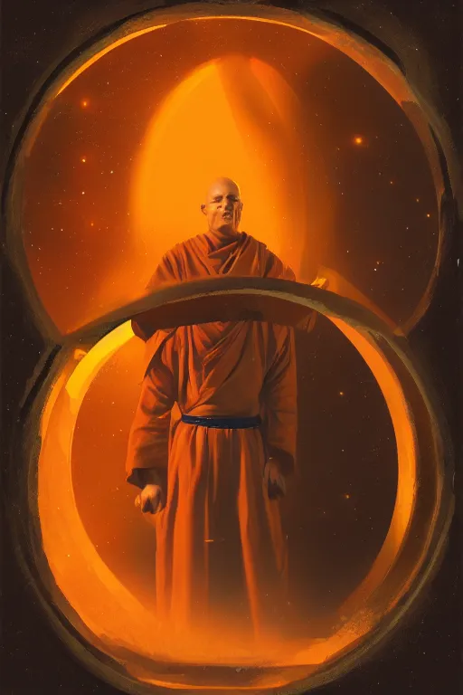 Prompt: portrait of a monk in a spaceship, round window, exploding star, orange robe, dramatic lighting, artstation, matte painting, ralph mcquarrie