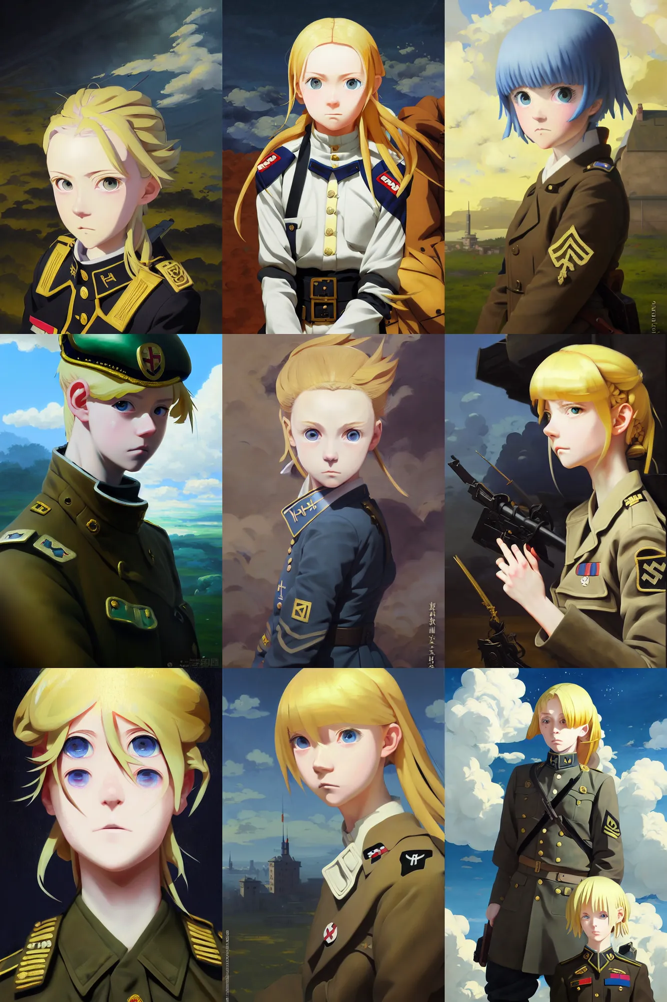 Prompt: baroque oil painting of key visual concept art, portrait of stern anime girl blonde hair blue eyes wearing military nazi ss uniform, brutalist, dark fantasy, rule of thirds golden ratio, fake detail, trending pixiv fanbox, acrylic palette knife, style of makoto shinkai studio ghibli genshin impact jamie wyeth james gilleard greg rutkowski