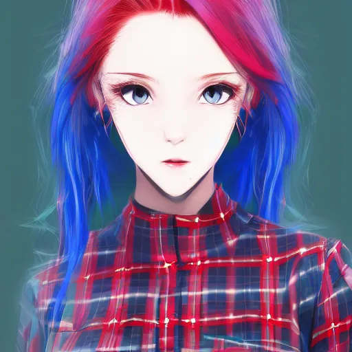 Image similar to full headshot portrait of woman with red hair and blue, digital art, drawn by WLOP, by Avetetsuya Studios, anime manga panel, trending on artstation, wearing a plaid shirt