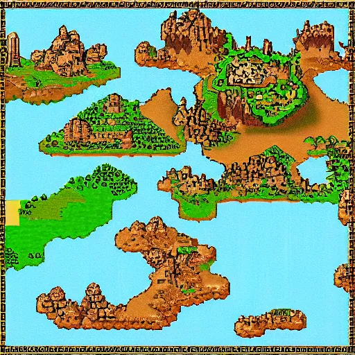 Prompt: fantasy rpg overworld map, three continents, 16-bit pixel