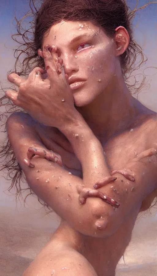 Prompt: epic masterpiece portrait sand legends, sweaty skin, hyperrealistic, octane render, cinematic, beautiful face and flawless skin, perfect hands, 5 fingers, ruby, by Edgar Maxence and Ross Tran and Michael Whelan, Legends of Runeterra