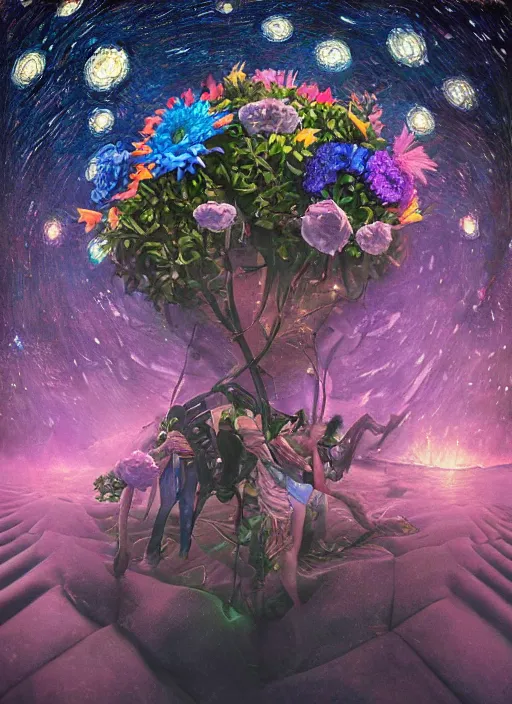 Image similar to An epic fantastic realism comic book style painting of the most beautiful entwined flowers launched across the dark and starry night sky, nebulous bouquets, fisheye lens, unreal 5, DAZ, hyperrealistic, octane render, dynamic lighting