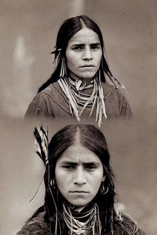 Image similar to “Photo of Native American indian woman Emma Watson, portrait, skilled warrior of the Chiricahua Apache, Lozen was the sister of Victorio a prominent Chief, showing pain and sadness on her face, ancient, realistic, detailed, emma watson”