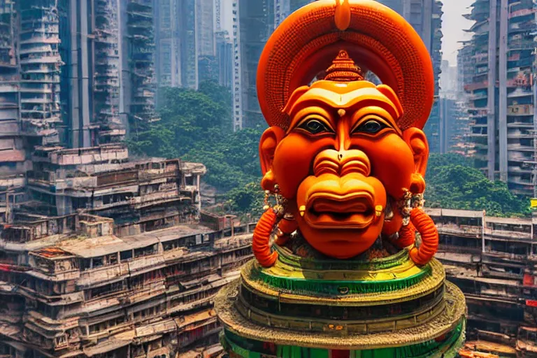 Image similar to high quality 3 d cyberpunk biomorphic hanuman head building in the middle of mumbai!!, kalighat highly detailed, cinematic smooth, stephen shore & john j. park, soft morning light, wide shot, high angle, uhd 8 k, deep focus