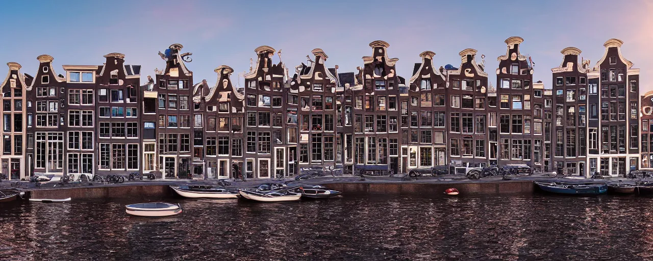 Image similar to view of houses in amsterdam, with water and boats, photography, 3 5 mm, hyper realistic, 8 k, unreal engine, illustration, happy cinematic sunrise lighting, tilt shift, crimson - black