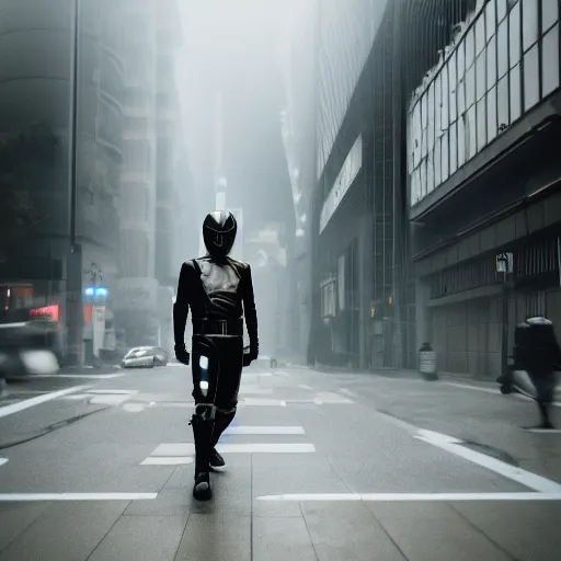 Prompt: Kamen Rider Black cinematic shot in foggy tokyo