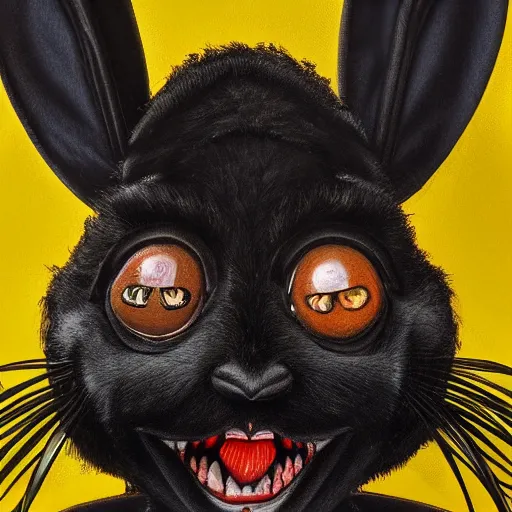 Prompt: A extremely highly detailed majestic hi-res beautiful, highly detailed head and shoulders portrait of a scary terrifying, horrifying, creepy black cartoon rabbit with scary big eyes, earing a shirt laughing, hey buddy ole pal, let's be friends, in the style of Walt Disney