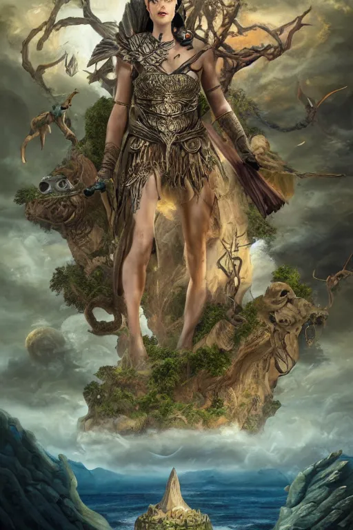 Image similar to A fantasy book style portrait painting of the Great Turtle Island at the center of the Universe, accompanied by a hybrid, Anya_Taylor-Joy, Cory Chase, Eva Green, as a Mystical Valkyrie, Anubis-Reptilian, Atlantean Warrior, François Boucher, Oil Painting, unreal 5, DAZ, hyperrealistic, octane render, Regal, Refined, Detailed Digital Art, RPG portrait, Walt Disney (1937), William-Adolphe Bouguereau, Michael Cheval, Steampunk, Volumetric Golden dappled dynamic lighting, Highly Detailed, Cinematic Lighting, Unreal Engine, 8k, HD