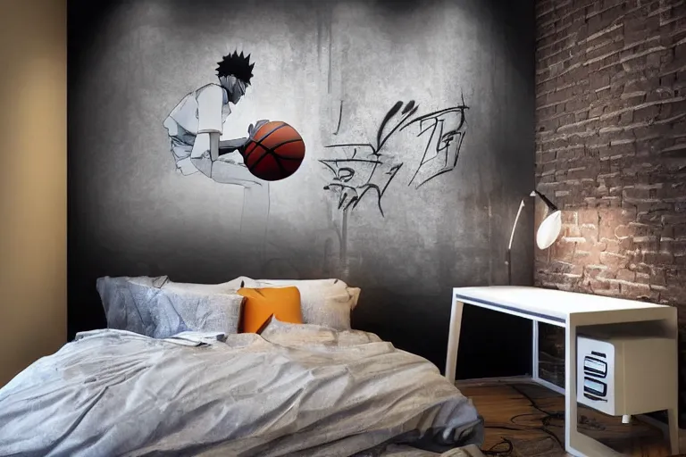 Prompt: teenager bedroom in industrial style, street art basketball and naruto manga style decorated wall, futuristic ambiance, gamer screen on metallic desk, cyber, intricate, very detailed, soft lighting, 8 k hd