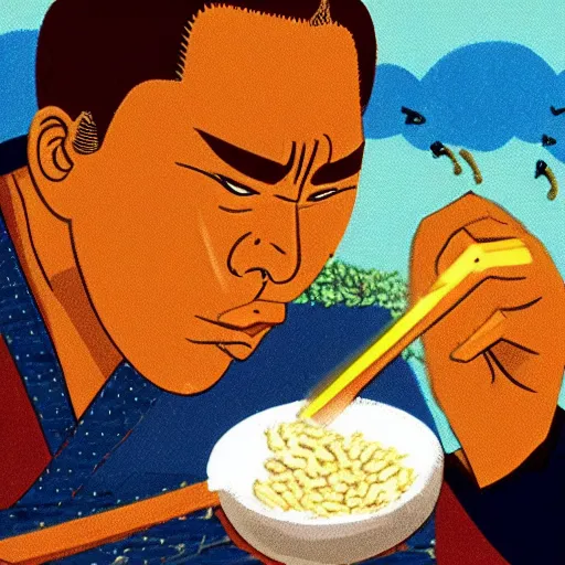 Image similar to battle weary samurai eating king wheat cereal as missiles fly above him