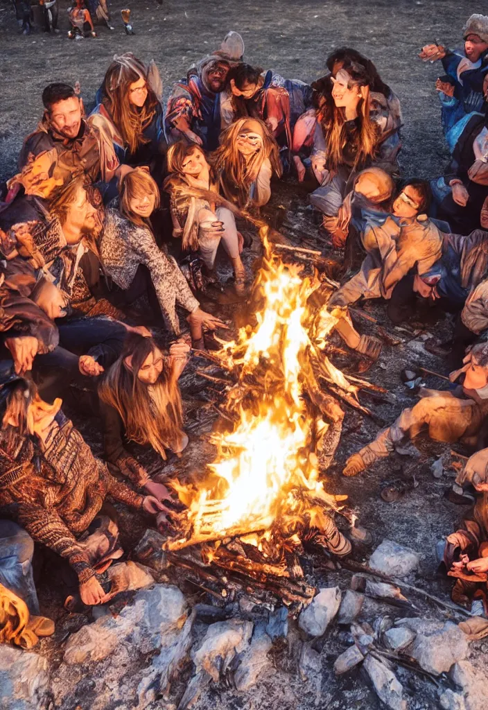 Image similar to realistic tribe gather around a bonfire with a pregnant woman as her leader, intense blue eyes, sharp, photography, antartic night, aerial race