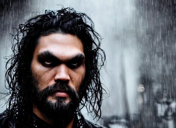 Prompt: closeup portrait of emo vampire goth jason momoa standing in the rain in a dark cyberpunk city, heavy make - up running down face, neon reflections in the puddles, portra 4 0 0 candid photograph portrait by annie leibovitz, 3 5 mm macro shot, f / 3 2, hyperrealistic, cinematic lighting, hd wallpaper, 8 k, 4 k