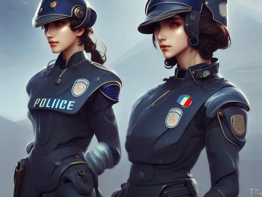 Image similar to portrait futuristic italy police uniform female, at future neon light rooftop, ssci - fi and fantasy, intricate and very very beautiful and elegant, highly detailed, digital painting, artstation, concept art, smooth and sharp focus, illustration, art by tan zi and ayanamikodon and alphonse mucha and wlop