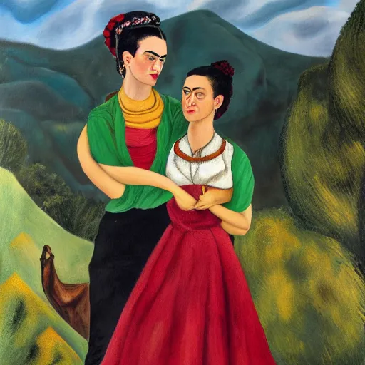 Prompt: oil painting of Frida kahlo and Jane Austen embracing on top of a hill