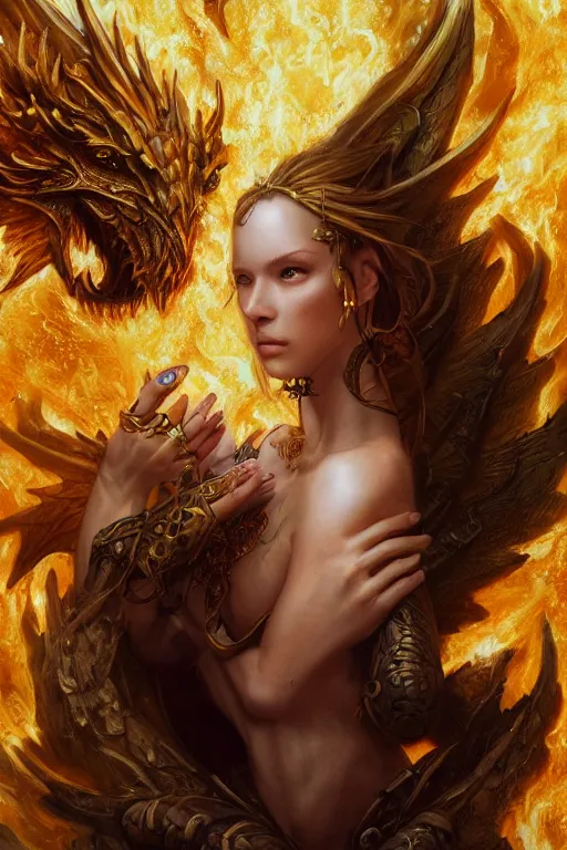 Prompt: beautiful girl sorcerer looking up with fire and golden dragon skin, celtic rune tattoos, casting magic spell, angel, fantasy, magic the gathering, hyper detailed, 3 d render, hyper realistic detailed portrait, peter mohrbacher, wlop, ruan jia, luis royo