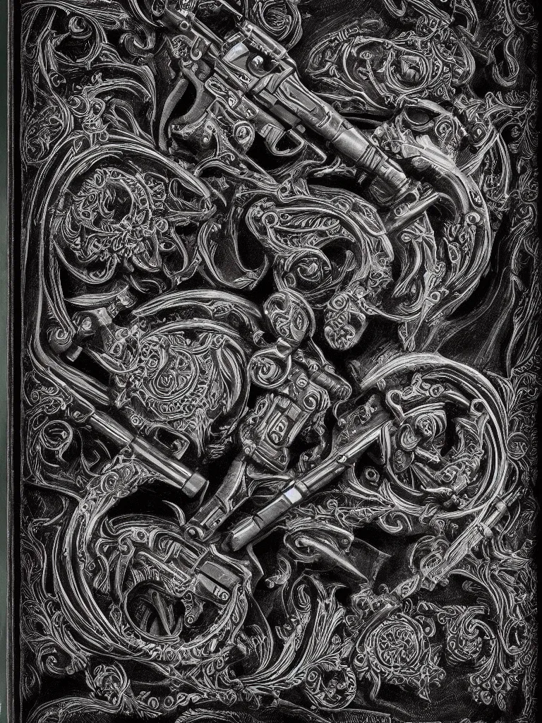 Image similar to carving in dark black steel of machine guns shotguns rifles revolvers bullets, dark vintage paperback cover, ultra-realistic, intricate details, 4k