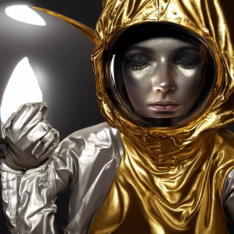 Image similar to octane render portrait by wayne barlow and carlo crivelli and glenn fabry, subject is a woman covered in colorful aluminum foil space suit with an iridescent metallic space helmet visor, floating inside a futuristic black and gold space station, cinema 4 d, ray traced lighting, very short depth of field, bokeh