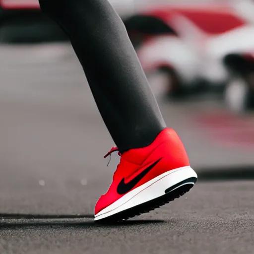 Image similar to luxury cars with their tires replaced by human legs wearing red nike shoes