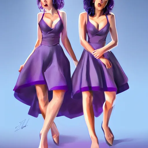 Image similar to twins wearing a purple and blue dress, full body shot, red hair, highly detailed, digital painting, artstation, concept art, smooth, sharp focus, illustration