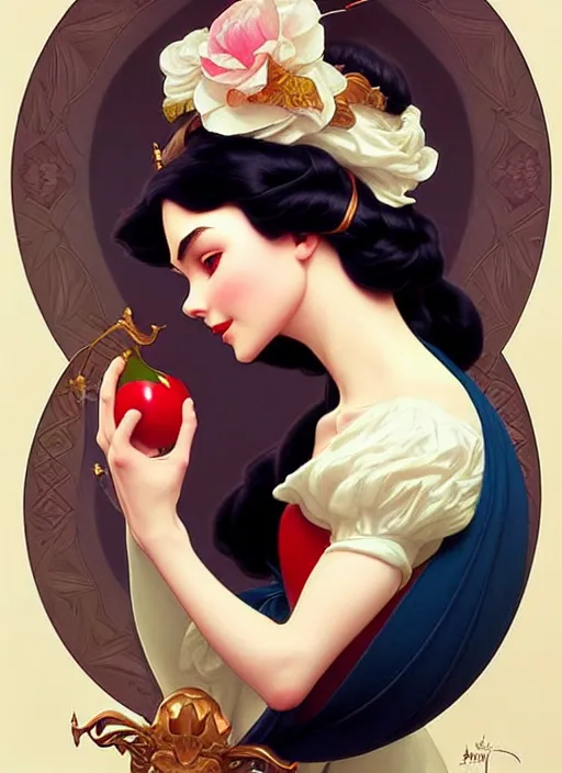 Prompt: disney snow white, intricate, elegant, highly detailed, my rendition, digital painting, artstation, concept art, smooth, sharp focus, illustration, art by artgerm and greg rutkowski and alphonse mucha and uang guangjian and gil elvgren and sachin teng, symmetry!!