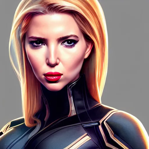 Prompt: Ivanka Trump as black widow, au naturel, hyper detailed, digital art, trending in artstation, cinematic lighting, studio quality, smooth render, unreal engine 5 rendered, octane rendered, art style by klimt and nixeu and ian sprigger and wlop and krenz cushart