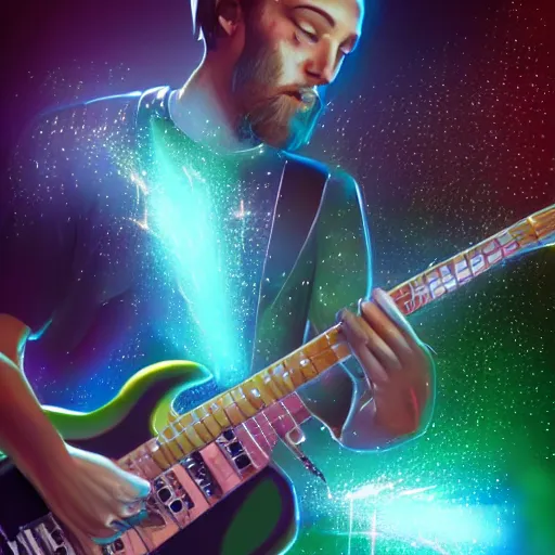 Image similar to a Alanis MOrisette guitarist playing so intensely there is electricity shooting out from his guitar, energy beams under his finger tips, and magic sparkles from the freboard, amazing ditial art, trending on artstation, featured on deviantart