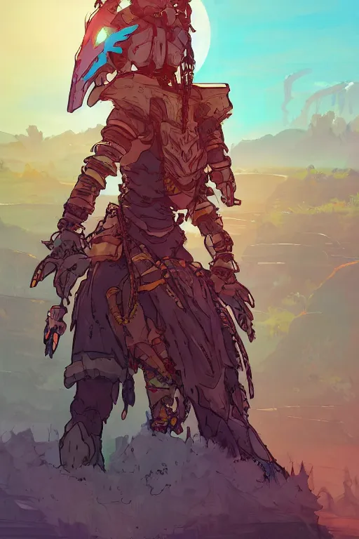 Image similar to combination suit armor aloy horizon forbidden west horizon zero dawn robot ninja mask helmet backpack tribal, art gta 5 comics, official fanart behance hd artstation by jesper ejsing, by rhads, makoto shinkai and lois van baarle, ilya kuvshinov, ossdraws radiating a glowing aura cgi rtx 2 0 2 2