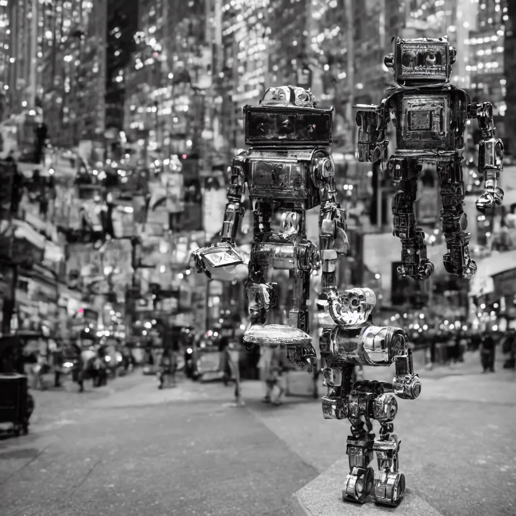 Prompt: a tin can robot with luggage in new york, Carl Zeiss 85mm lens, bokeh