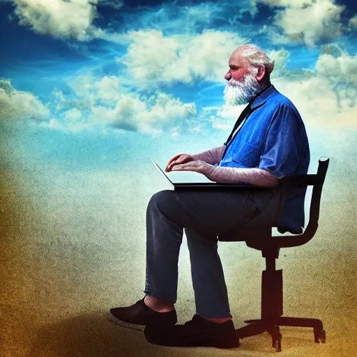 Image similar to dignital art of a bearded old man sitting on a cloud in the sky using a desktop computer 3 5 mm hdr sunny