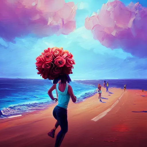 Image similar to portrait, giant rose flower head, girl running at the beach, surreal photography, sunrise, blue sky, dramatic light, impressionist painting, digital painting, artstation, simon stalenhag