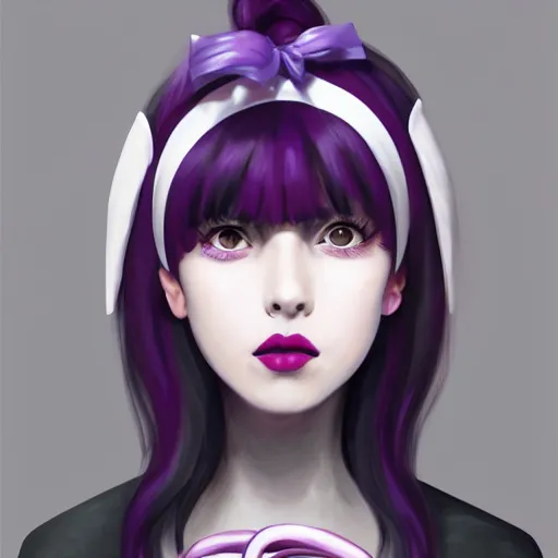 Prompt: a teen girl named Shrill with black hair, white bangs, red irises, purple lipstick and a purple hairband, portrait, highly detailed, digital painting, artstation, concept art, sharp focus, illustration